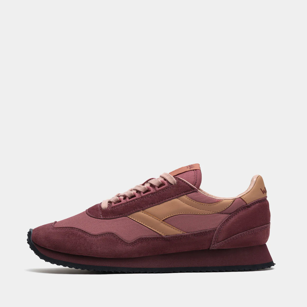 The side view of Norman Walsh Rouge & Crimson trainer — a heritage 1981 marathon shoe with EVA cushioning, nylon upper & rubber outsole.