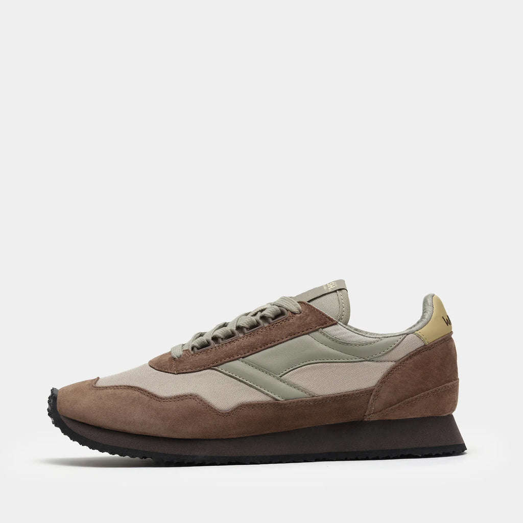 The side view of Norman Walsh Ensign Palm & Khaki trainer — a heritage 1981 marathon shoe with EVA cushioning, nylon upper & rubber outsole.