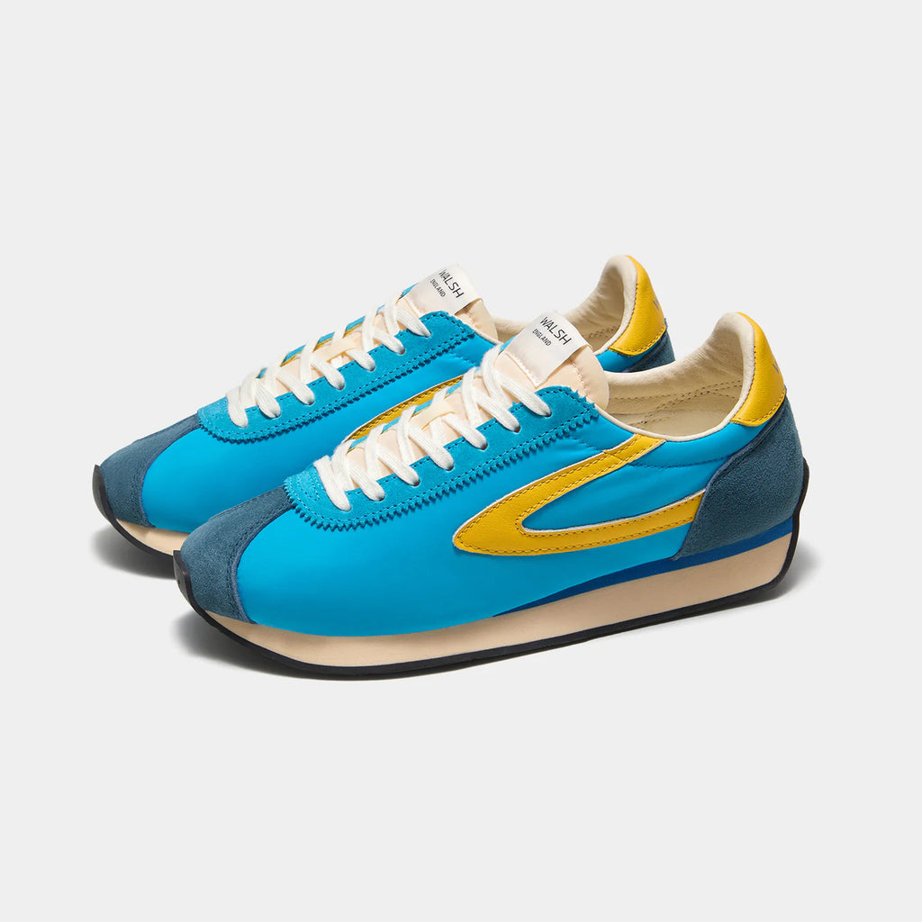 Front view of the London Aqua Blue sneaker, showing the refined 1970s Scintilla silhouette and weather-resistant material textures.