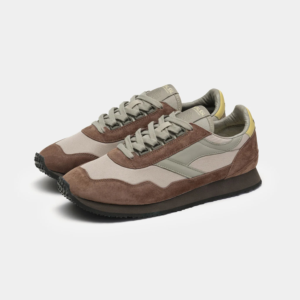 The front view of Norman Walsh Ensign Palm & Khaki trainer — a heritage 1981 marathon shoe with EVA cushioning, nylon upper & rubber outsole.