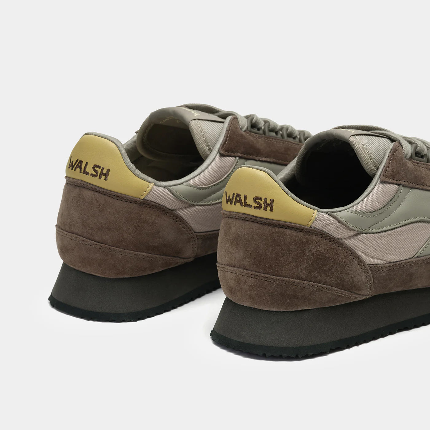 The back view of Norman Walsh Ensign Palm & Khaki trainer — a heritage 1981 marathon shoe with EVA cushioning, nylon upper & rubber outsole.