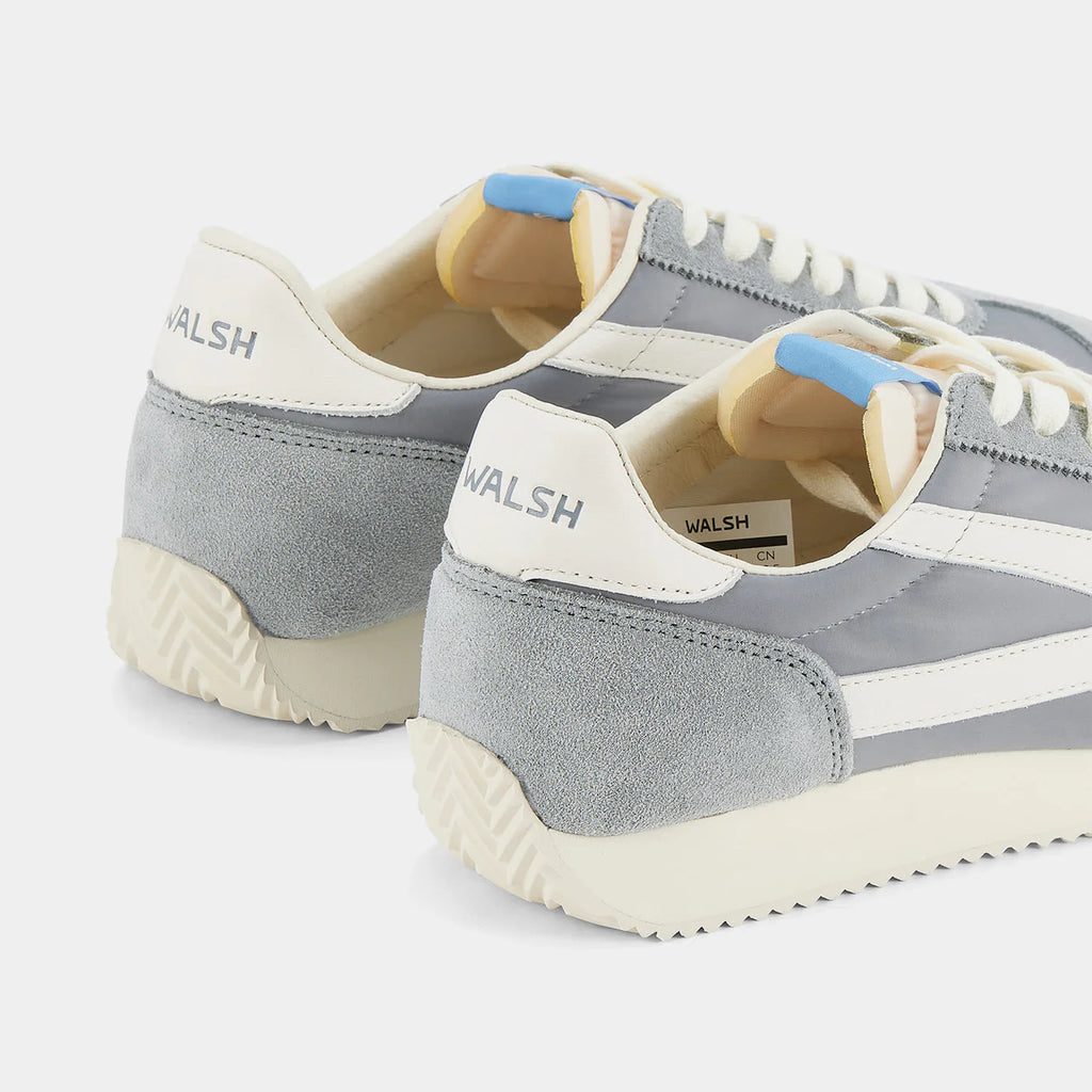 Back view of the London Beige and Gray sneaker, showing the refined 1970s Scintilla silhouette and weather-resistant material textures.