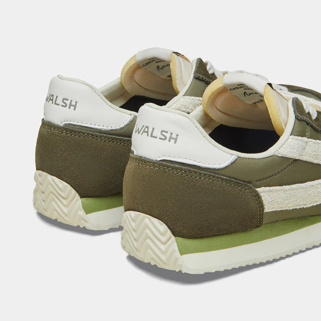 Back view of the London Beige & Green sneaker, showing the refined 1970s Scintilla silhouette and weather-resistant material textures.