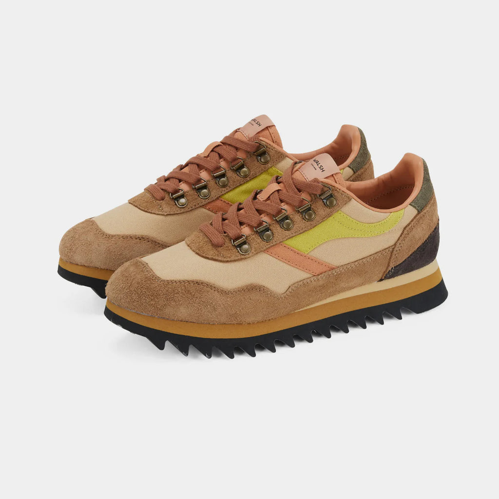 The front view of Norman Walsh Ensign Brown & Camel trainer — a heritage 1981 marathon shoe with EVA cushioning, nylon upper & rubber outsole.
