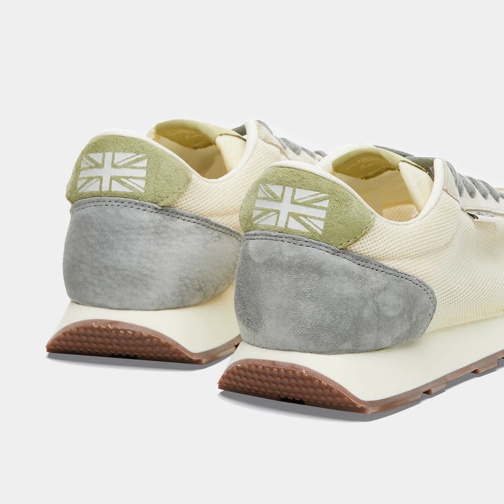 The back view of Norman Walsh LA84 Beige & Haze Green — an Olympics-inspired retro runner with mesh upper, EVA cushioning & rubber outsole. 