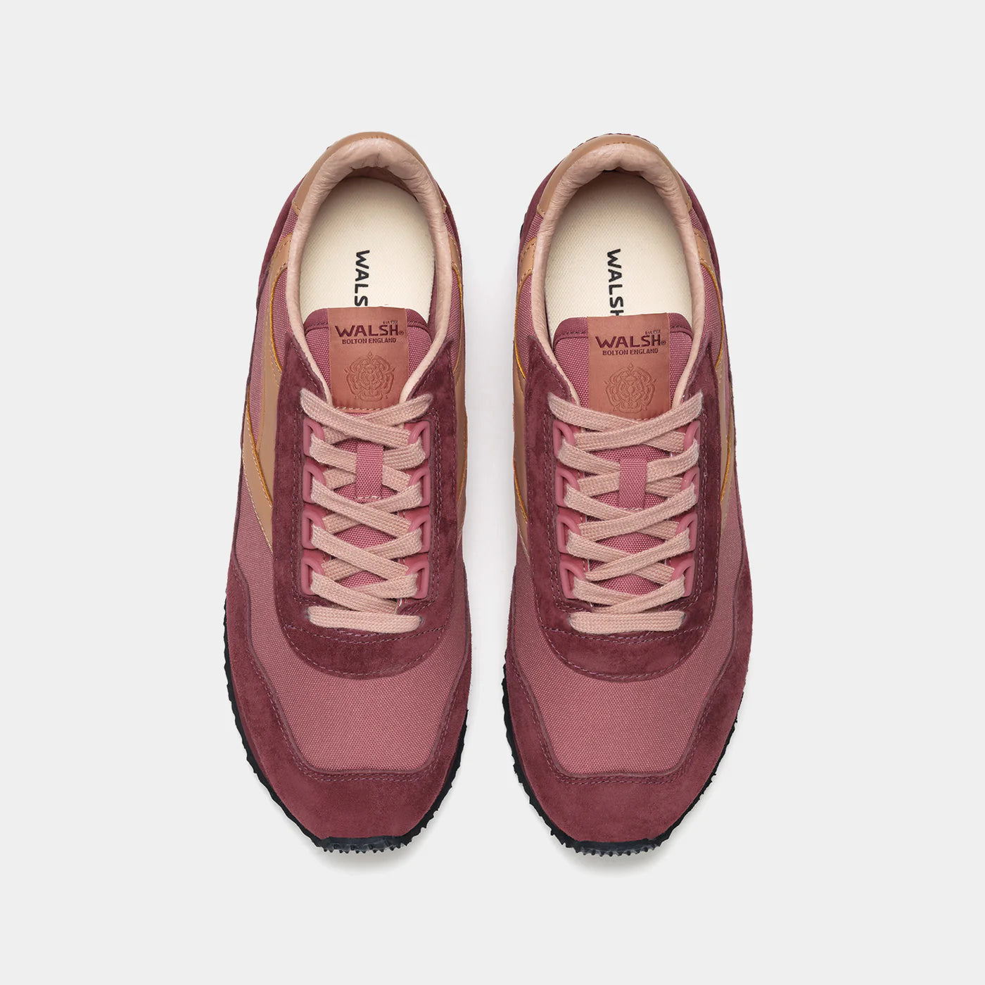 The top-down view of Norman Walsh Rouge & Crimson trainer — a heritage 1981 marathon shoe with EVA cushioning, nylon upper & rubber outsole.