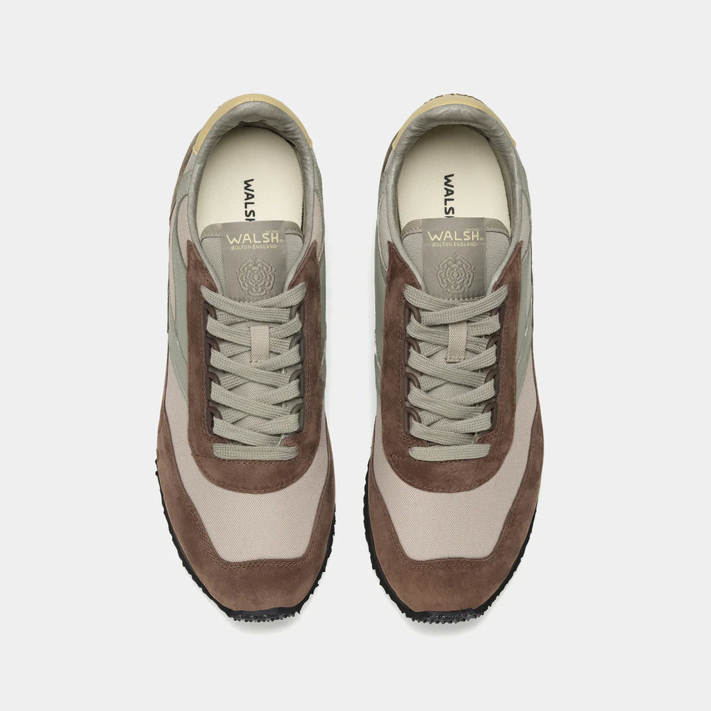 The top down view of Norman Walsh Ensign Palm & Khaki trainer — a heritage 1981 marathon shoe with EVA cushioning, nylon upper & rubber outsole.