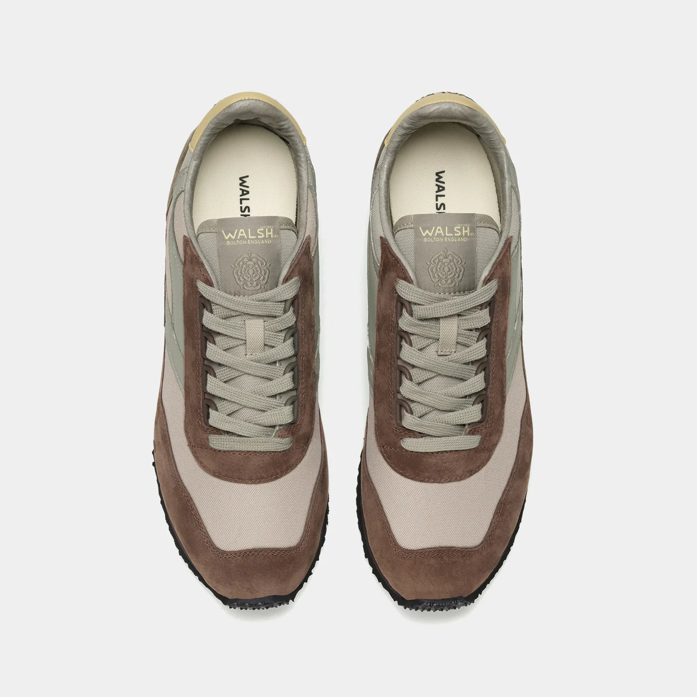 The top down view of Norman Walsh Ensign Palm & Khaki trainer — a heritage 1981 marathon shoe with EVA cushioning, nylon upper & rubber outsole.