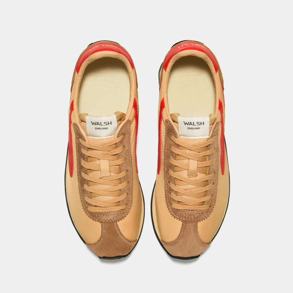 Top-down view of the London Beige and Gray sneaker, showing the refined 1970s Scintilla silhouette and weather-resistant material textures.