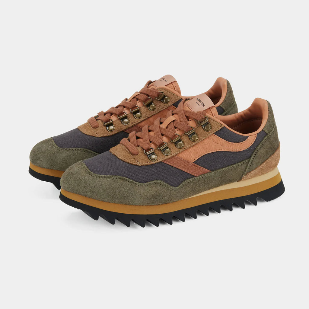 Front view of the Norman Walsh Ensign hiking shoe in Black, Grey, Brown, and Army Green with a Vibram outsole.