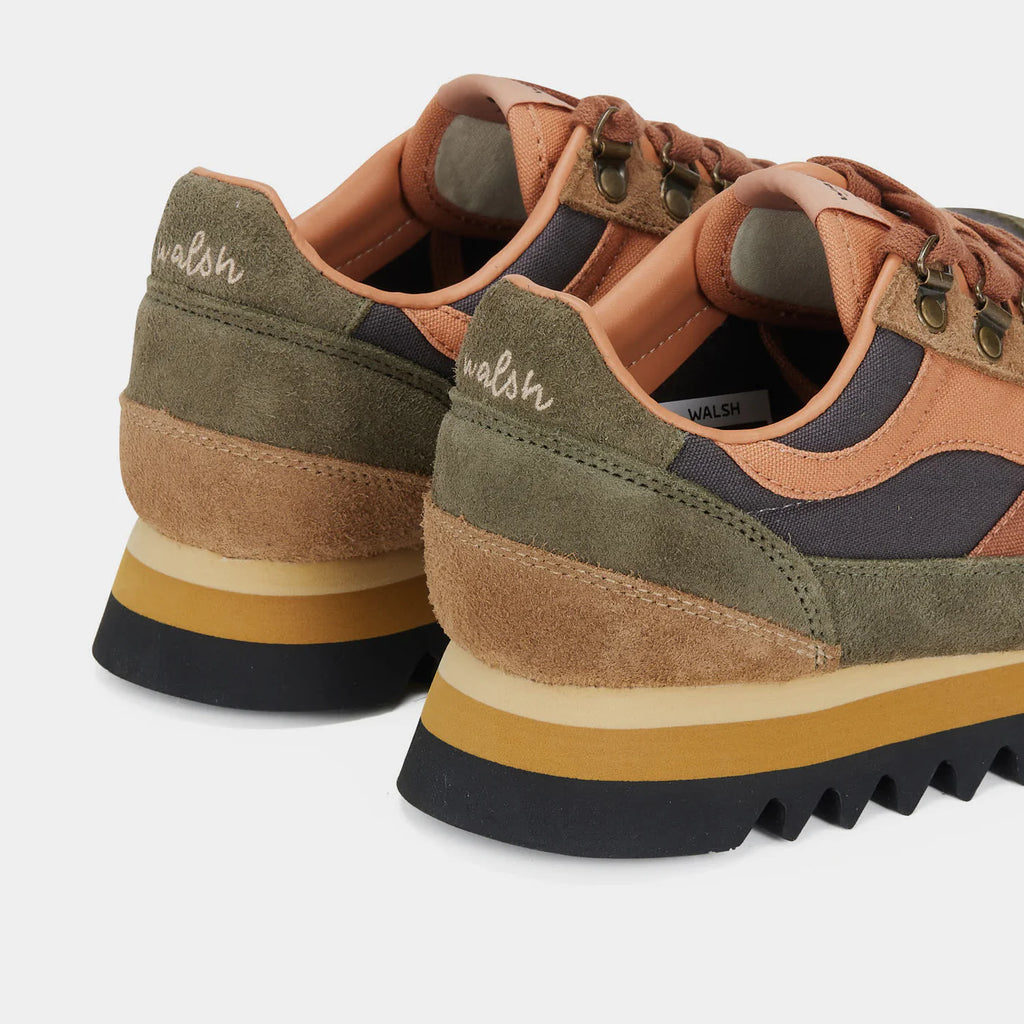 Back view of the Norman Walsh Ensign hiking shoe in Black, Grey, Brown, and Army Green with a Vibram outsole.