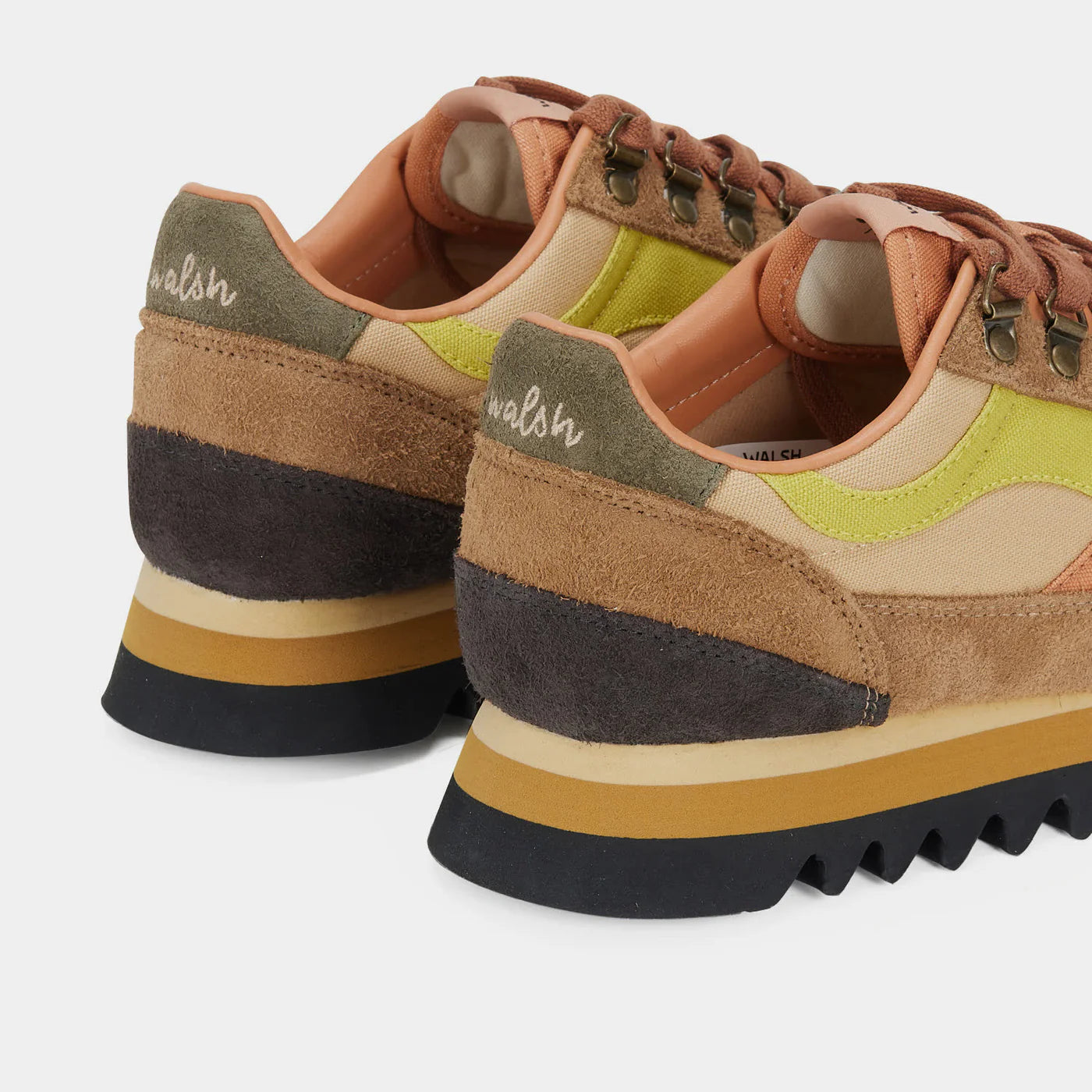 The back view of Norman Walsh Ensign Brown & Camel trainer — a heritage 1981 marathon shoe with EVA cushioning, nylon upper & rubber outsole.