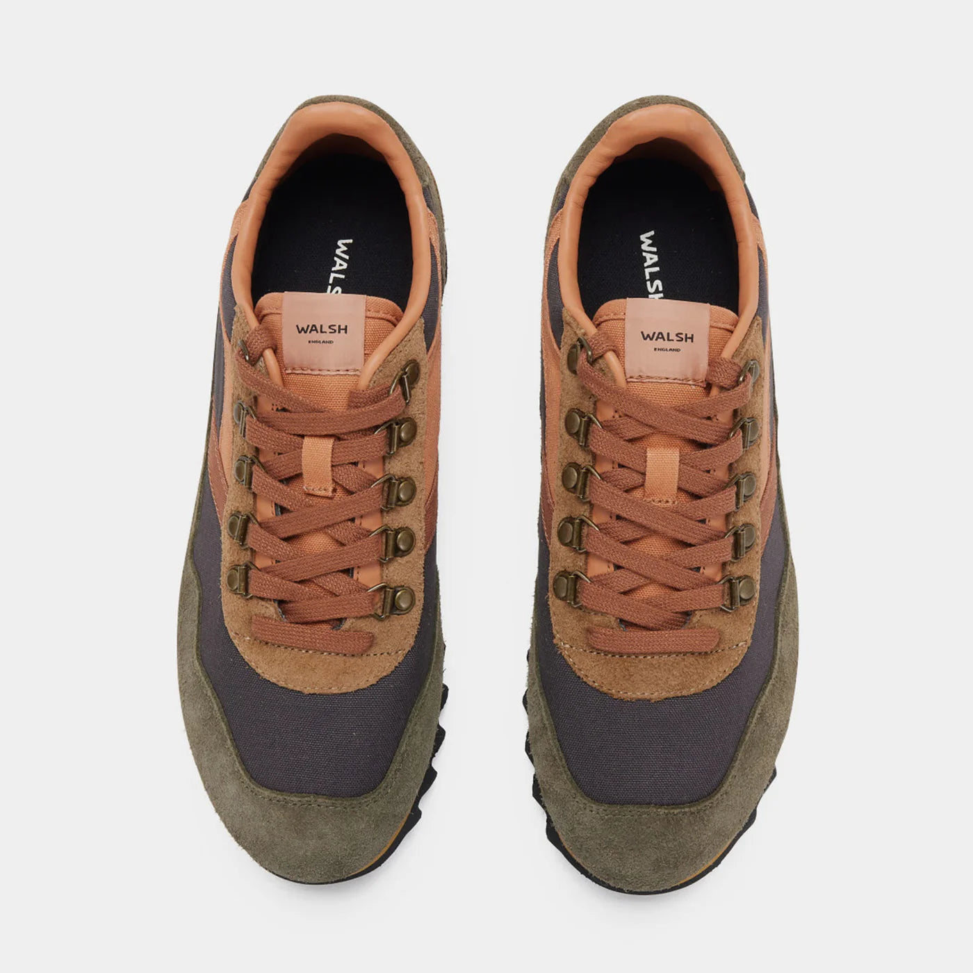 Top-down view of the Norman Walsh Ensign hiking shoe in Black, Grey, Brown, and Army Green with a Vibram outsole.