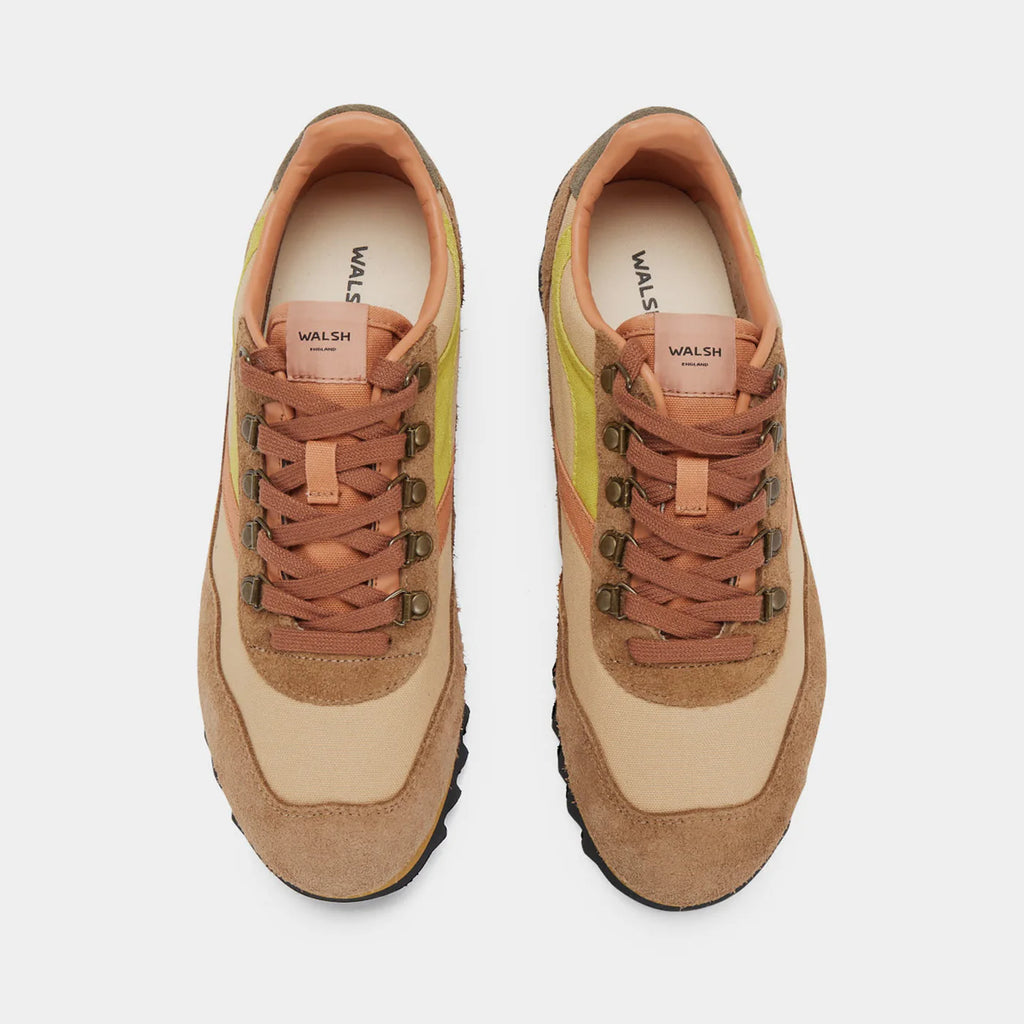 The top-down view of Norman Walsh Ensign Brown & Camel trainer — a heritage 1981 marathon shoe with EVA cushioning, nylon upper & rubber outsole.