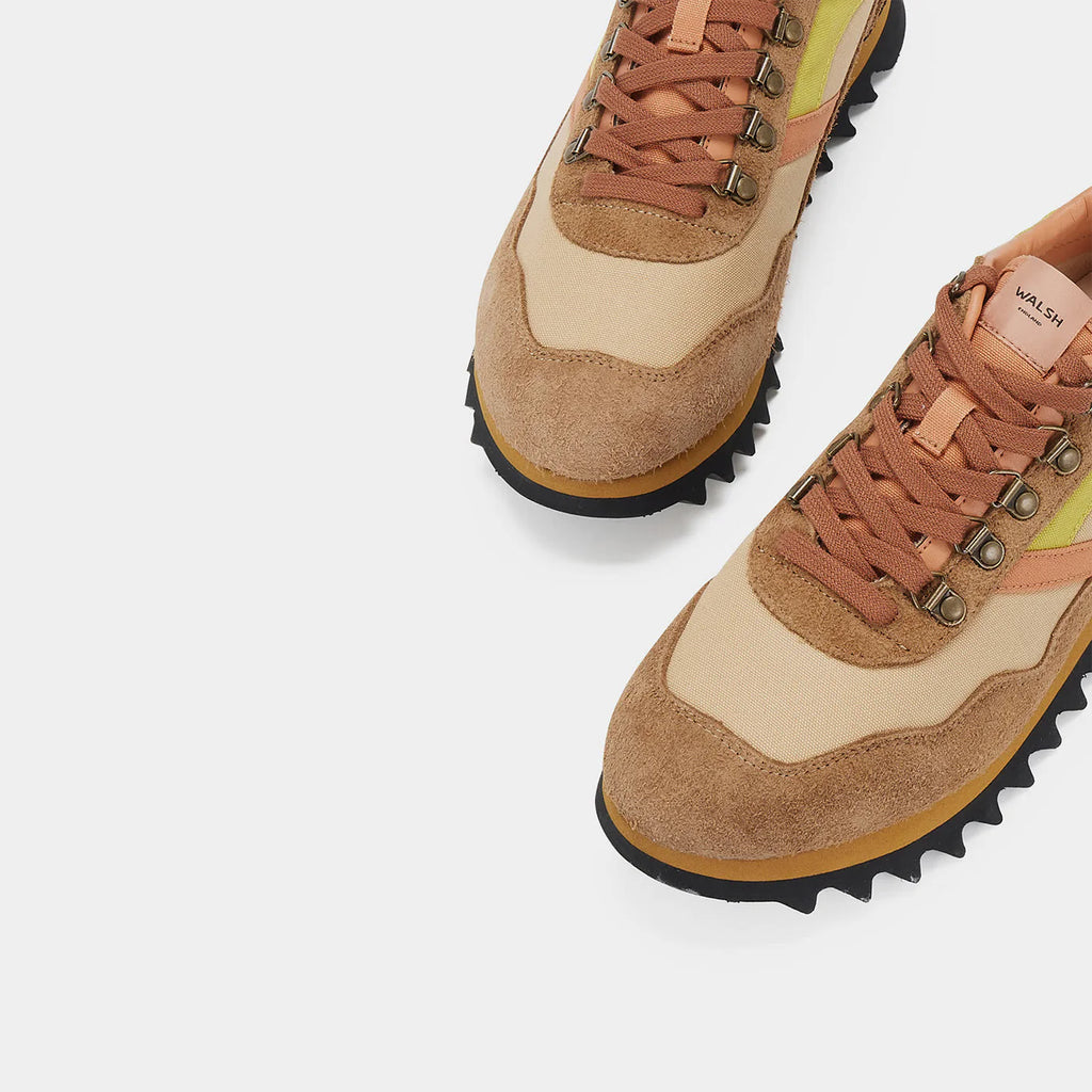 The detailed view of Norman Walsh Ensign Brown & Camel trainer — a heritage 1981 marathon shoe with EVA cushioning, nylon upper & rubber outsole.