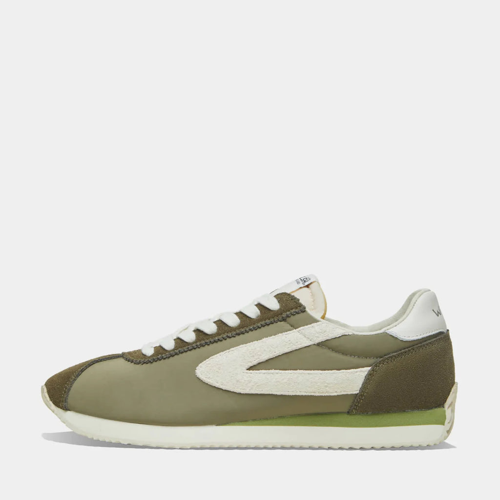 Side view of the London Beige and Green sneaker, showing the refined 1970s Scintilla silhouette and weather-resistant material textures.