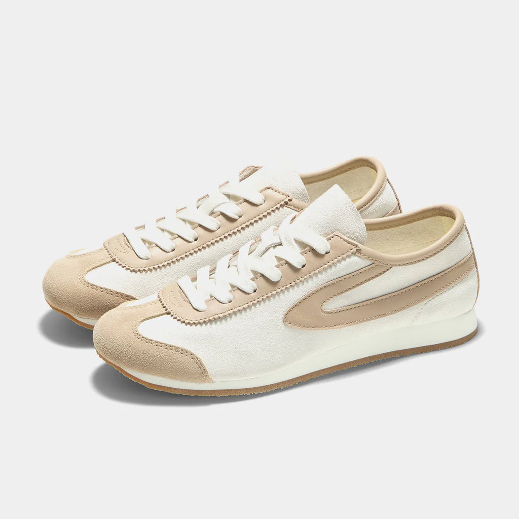 Front view of the Norman Walsh sneaker in Beige and Khaki, featuring premium full-grain leather and suede textures with a durable rubber sole.