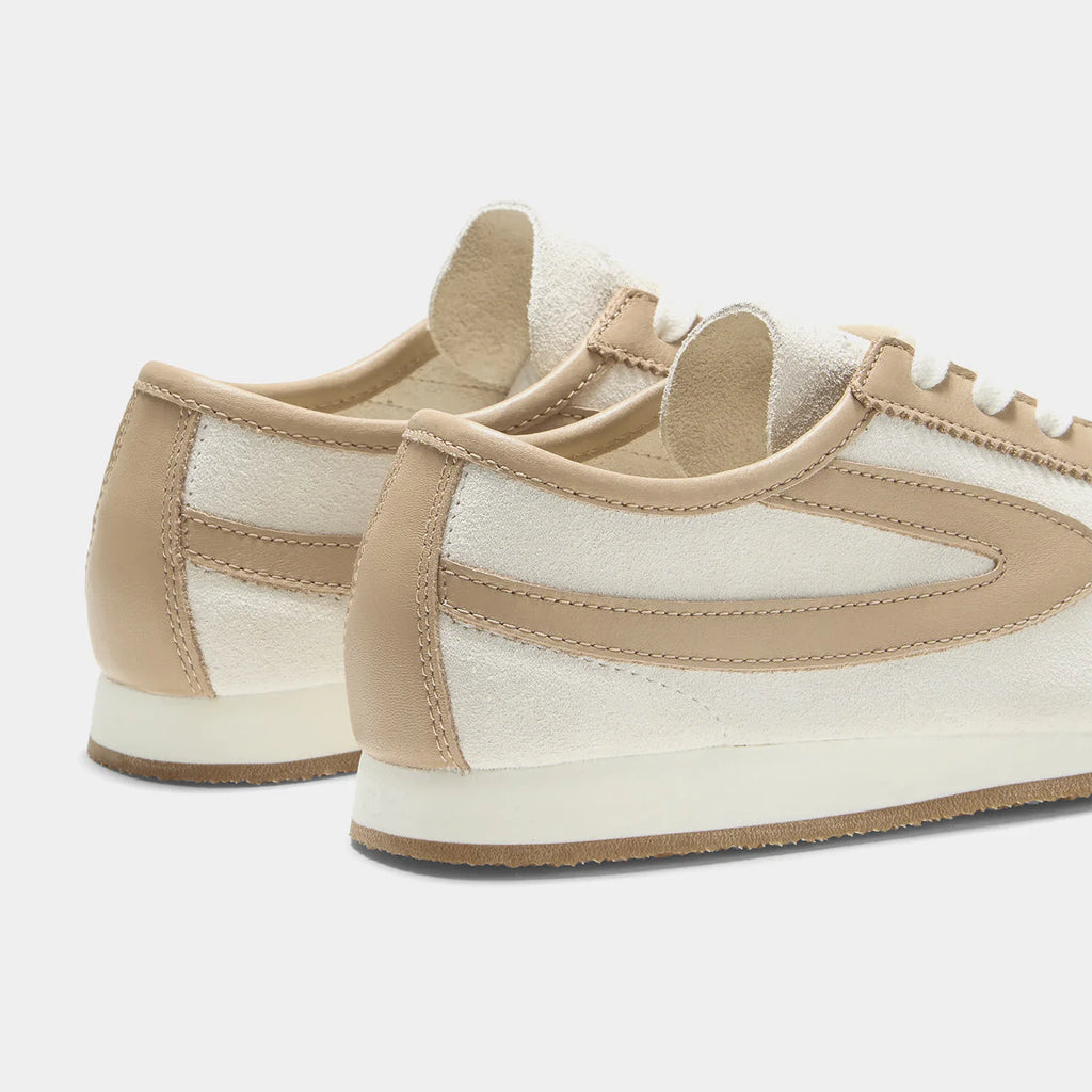 Back view of the Norman Walsh sneaker in Beige and Khaki, featuring premium full-grain leather and suede textures with a durable rubber sole.