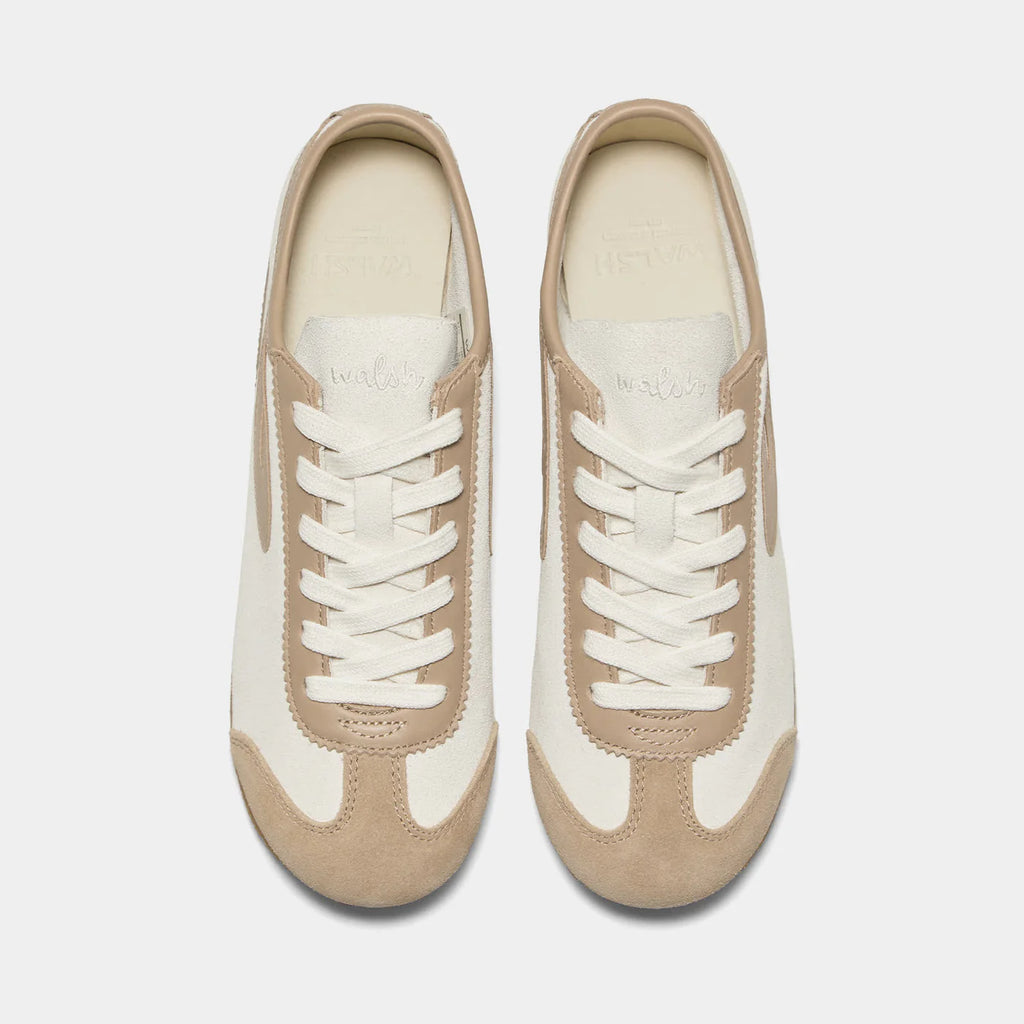 Top-down view of the Norman Walsh sneaker in Beige and Khaki, featuring premium full-grain leather and suede textures with a durable rubber sole.