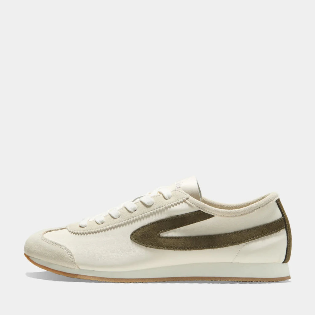 Side view of the Norman Walsh sneaker in Beige and Olive Green, featuring premium full-grain leather and suede textures with a durable rubber sole.