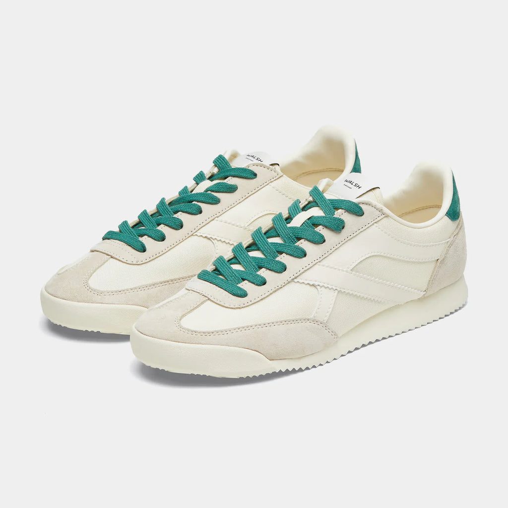 The front view of Norman Walsh Chicago Beige & Army Green — heritage nylon & velvet upper, latex-cork insole, lugged rubber outsole. 