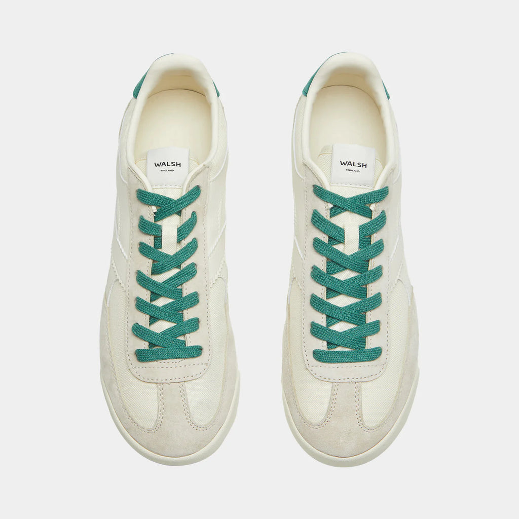 The top-down view of the Norman Walsh Chicago Beige & Army Green — heritage nylon & velvet upper, latex-cork insole, lugged rubber outsole. 