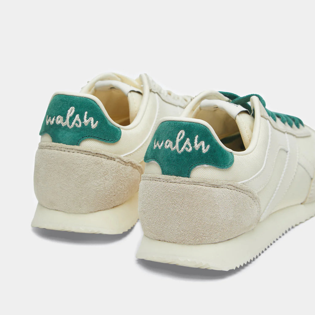 The back view of the Norman Walsh Chicago Beige & Army Green — heritage nylon & velvet upper, latex-cork insole, lugged rubber outsole. 