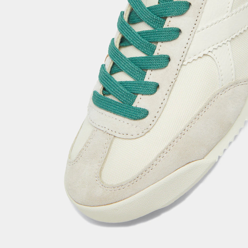 The close-up view of the Norman Walsh Chicago Beige & Army Green — heritage nylon & velvet upper, latex-cork insole, lugged rubber outsole. 
