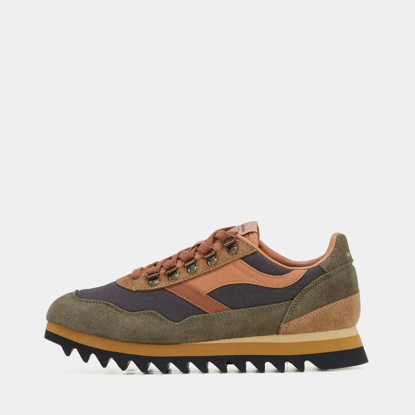 Side view of the Norman Walsh Ensign hiking shoe in Black, Grey, Brown, and Army Green with a Vibram outsole.
