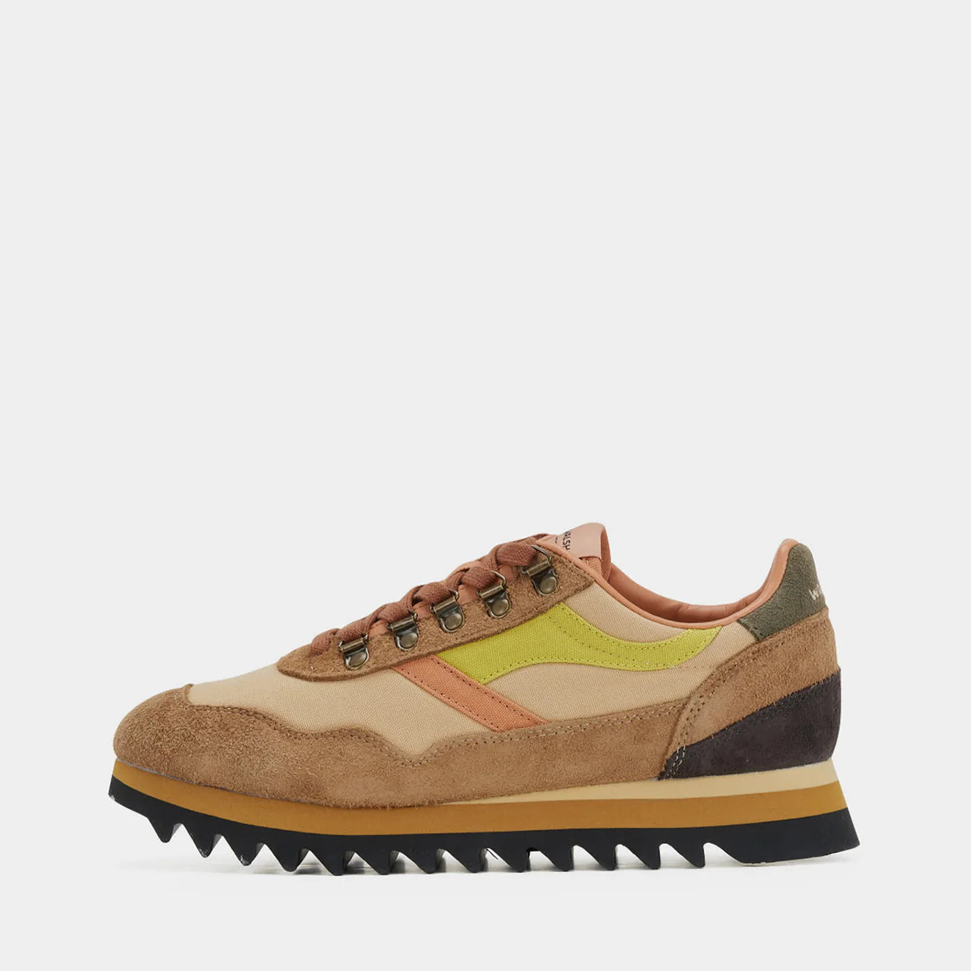 The side view of Norman Walsh Ensign Brown & Camel trainer — a heritage 1981 marathon shoe with EVA cushioning, nylon upper & rubber outsole.