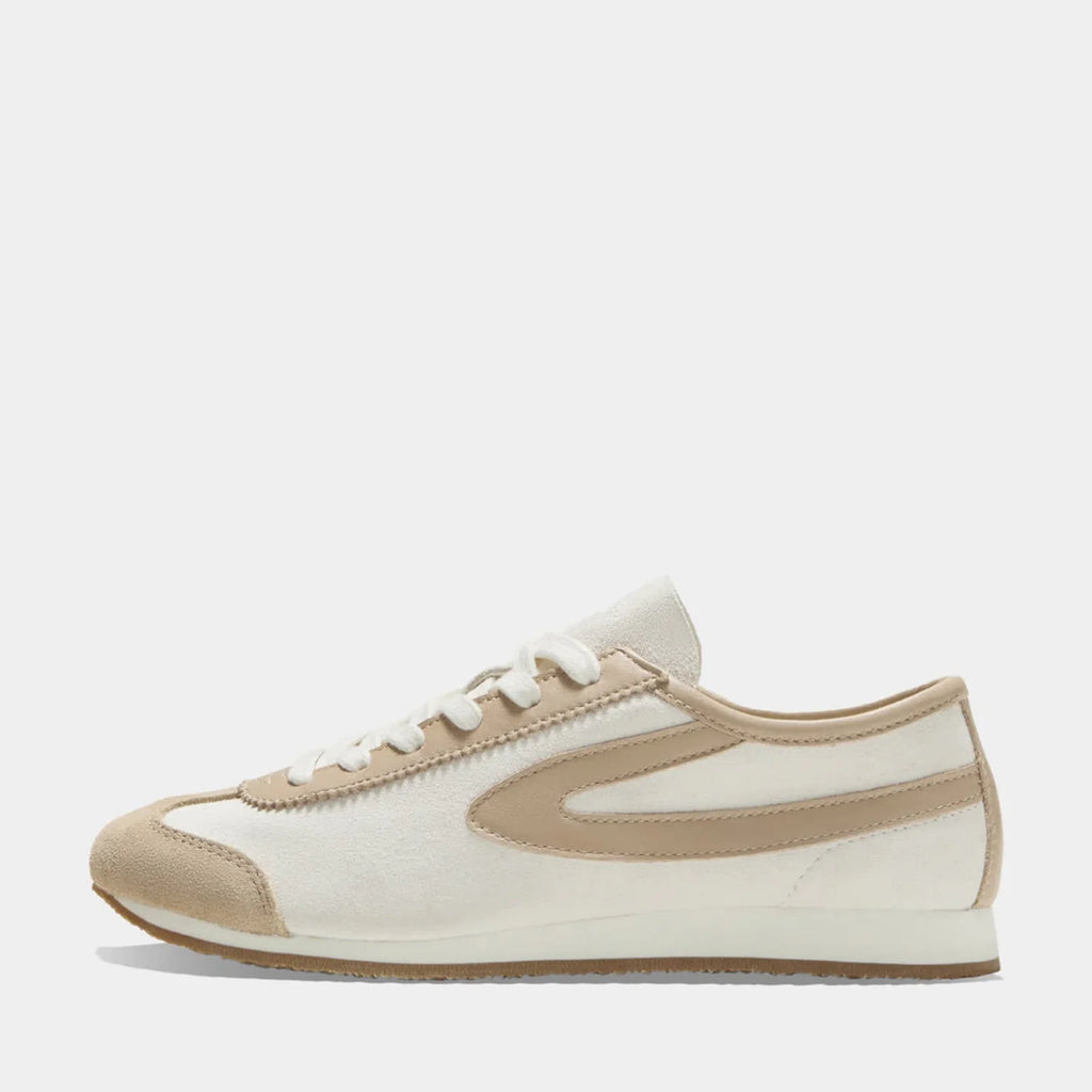 Side view of the Norman Walsh sneaker in Beige and Khaki, featuring premium full-grain leather and suede textures with a durable rubber sole.