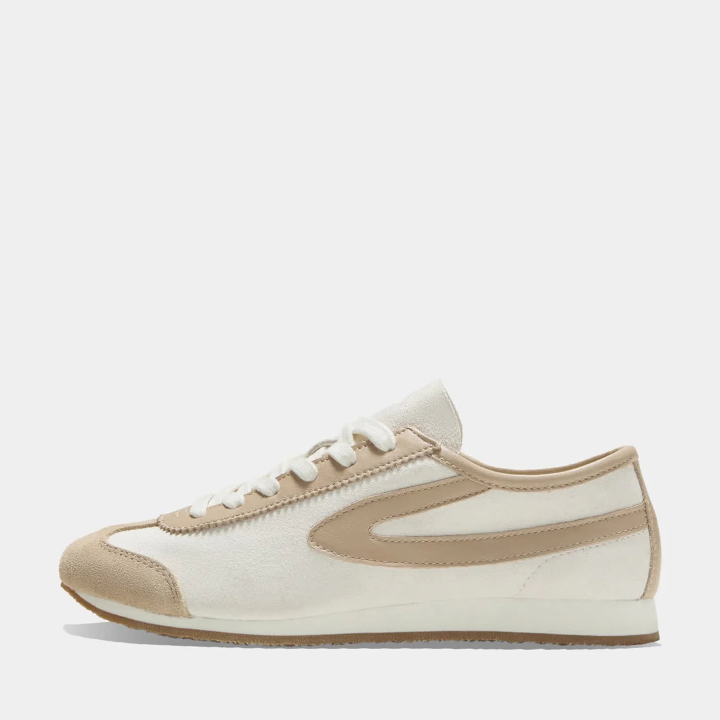Side view of the Norman Walsh sneaker in Beige and Khaki, featuring premium full-grain leather and suede textures with a durable rubber sole.