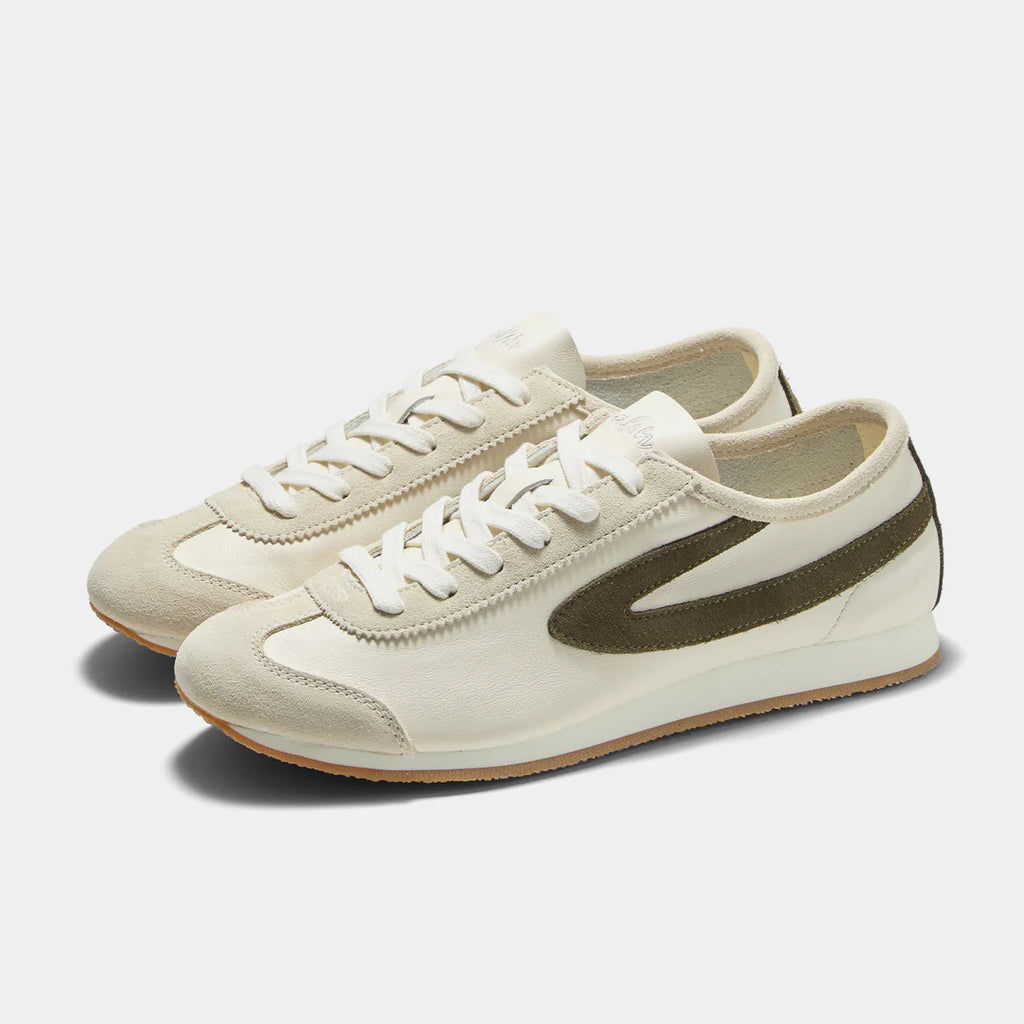 Front view of the Norman Walsh sneaker in Beige and Olive Green, featuring premium full-grain leather and suede textures with a durable rubber sole.