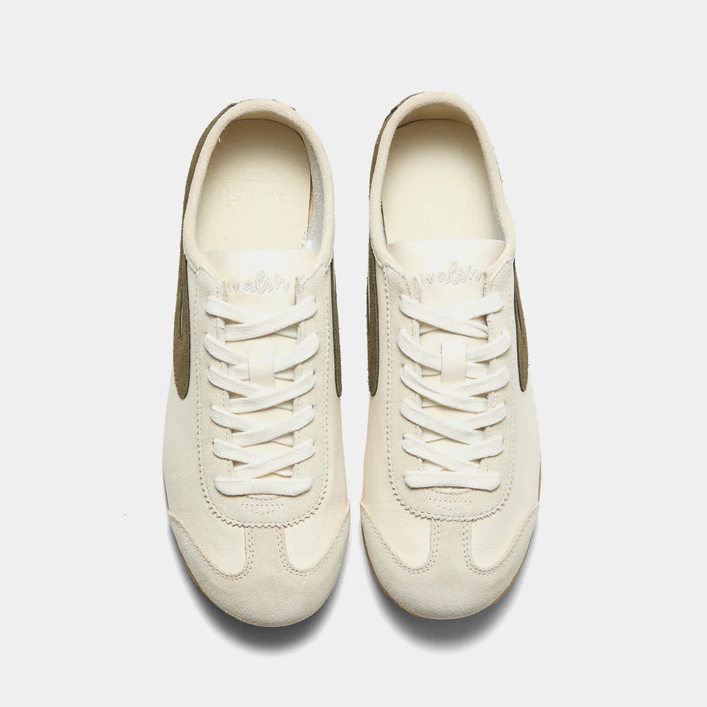 Top-down view of the Norman Walsh sneaker in Beige and Olive Green, featuring premium full-grain leather and suede textures with a durable rubber sole.