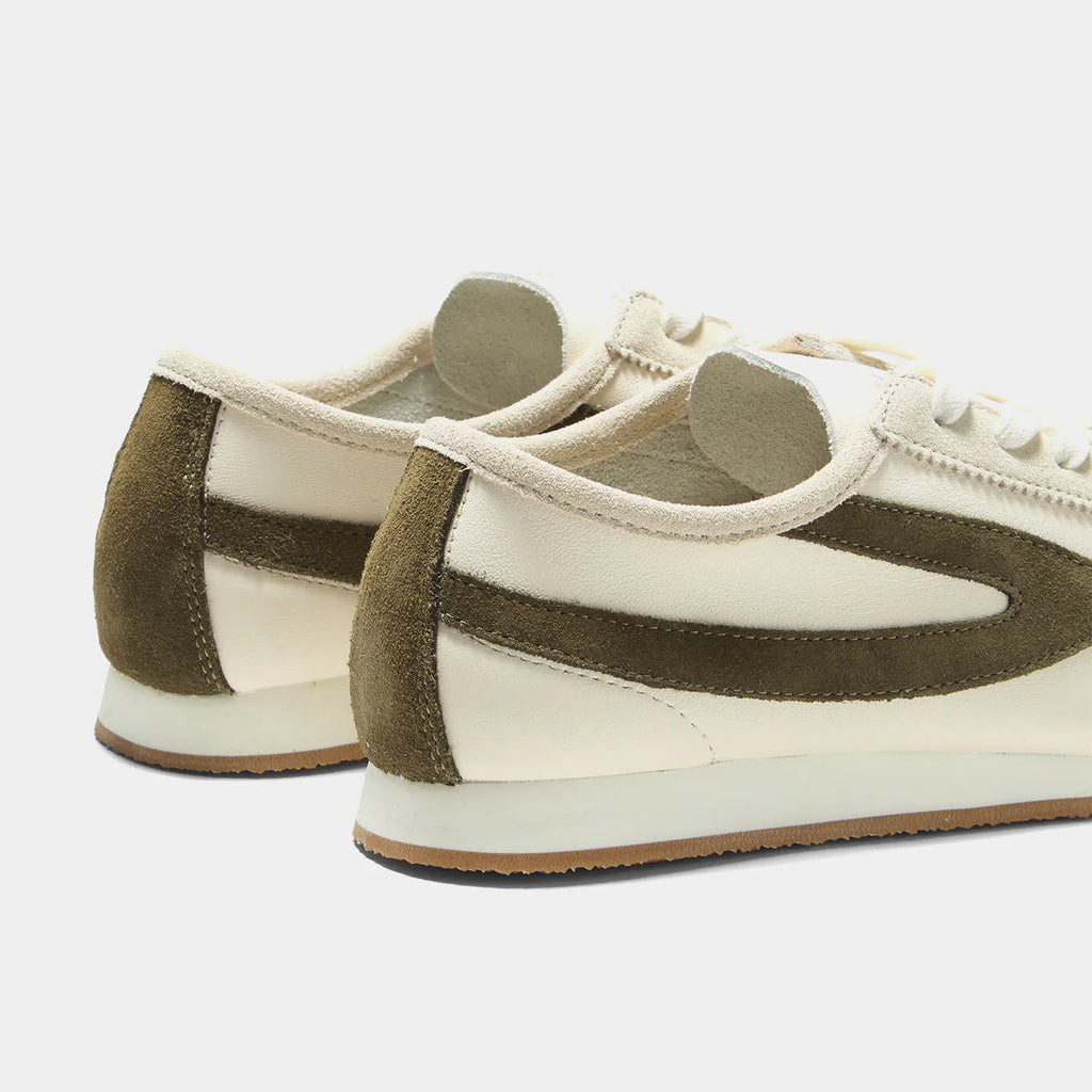 Back view of the Norman Walsh sneaker in Beige and Olive Green, featuring premium full-grain leather and suede textures with a durable rubber sole.